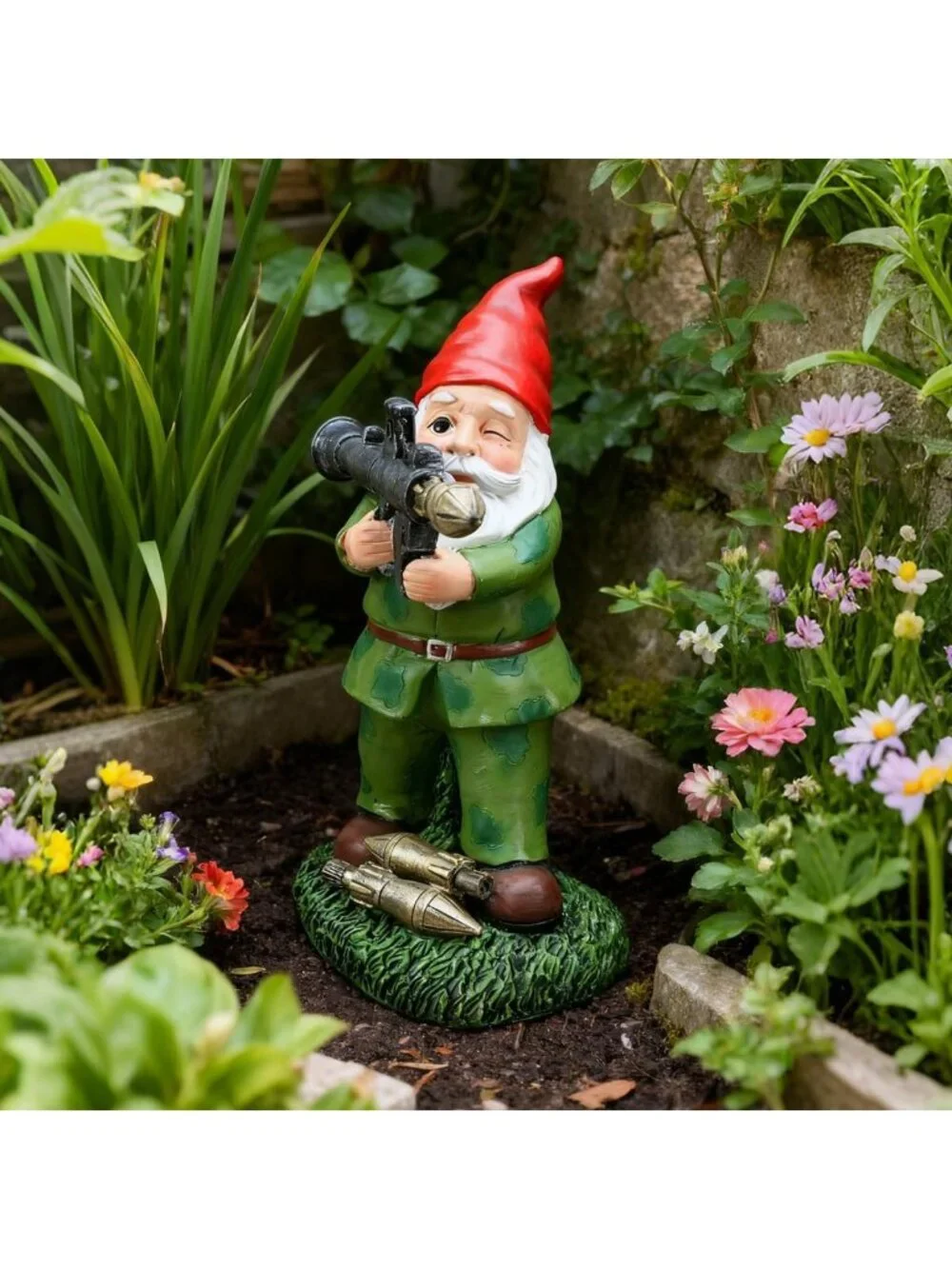 Large Solar Garden Gnome Statue - Military Soldier Decor, Unique Outdoor